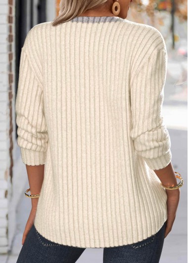 Beige tops,Contrast Color tops,ROTITA Button Beige Split Neck Long Sleeve Sweatshirt