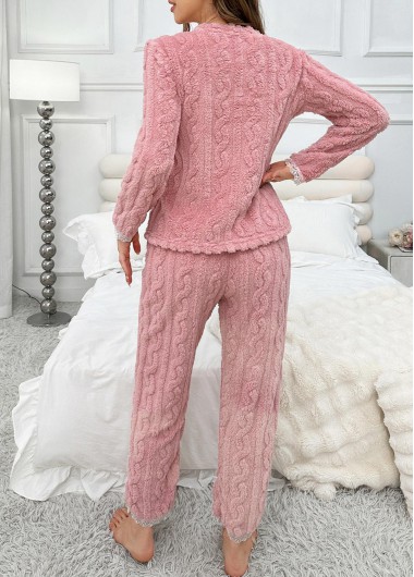 Light Pink loungewear,Contrast Color loungewear,Light Pink Round Neck Lounge Top and Pants