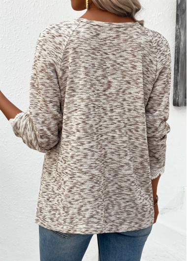 Light Coffee tops,Plain Color tops,ROTITA Embroidery Light Coffee V Neck Long Sleeve T Shirt