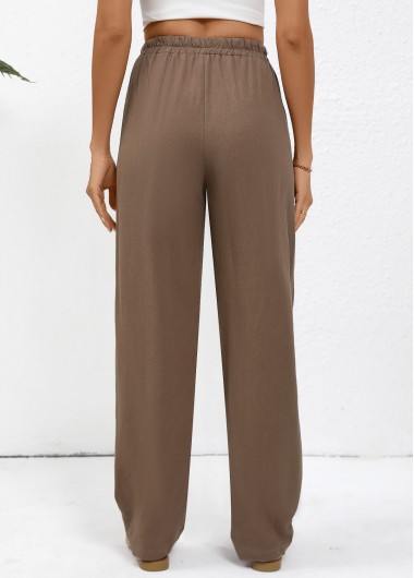 Dark Coffee bottoms,Plain Color bottoms,Drawstring Dark Coffee Straight Leg Elastic Waist Pants