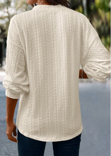 Beige tops,Plain Color tops,ROTITA Jacquard Beige V Neck Long Sleeve T Shirt