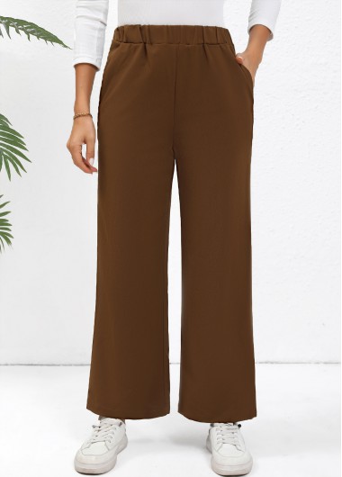 Dark Coffee bottoms,Plain Color bottoms,Elastic Waist High Waisted Dark Coffee Pants