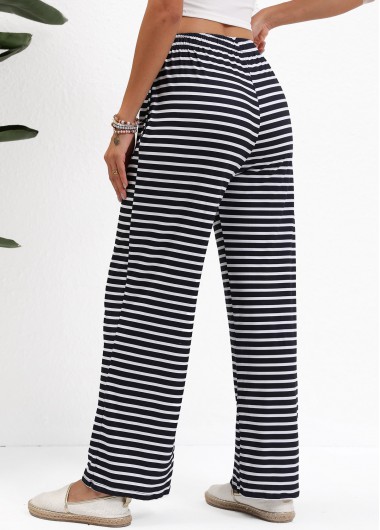 Black bottoms,Striped bottoms,Geometric bottoms,Pocket Striped Black Straight Leg Elastic Waist Pants