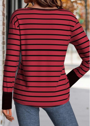 Wine Red tops,Striped tops,Geometric tops,ROTITA Patchwork Striped Wine Red Round Neck T Shirt