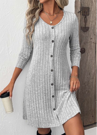 Light Grey dresses,Plain Color dresses,Everyday dresses,Casual dresses,ROTITA Button Light Grey Scoop Neck Long Sleeve Dress