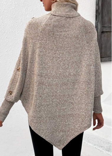 Light Camel tops,Plain Color tops,Button Light Camel High Neck Long Sleeve Sweater
