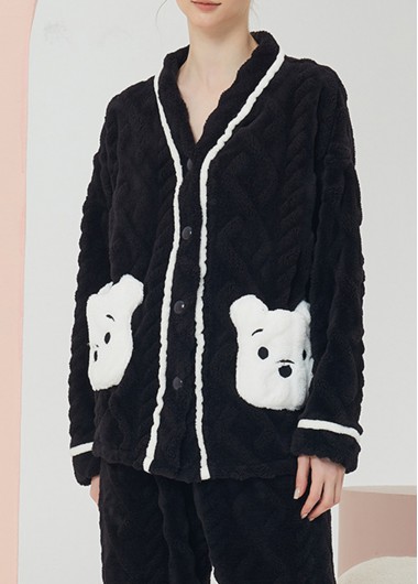 Black loungewear,Contrast Color loungewear,Black V Neck Long Sleeve Lounge Top and Pants