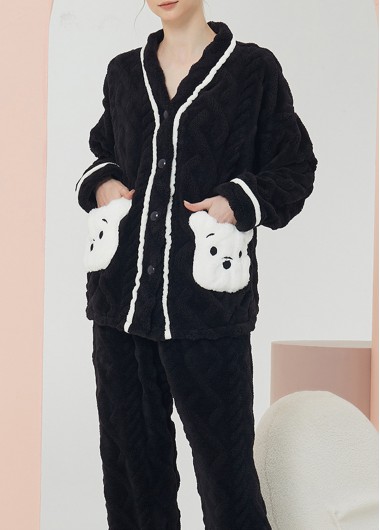 Black loungewear,Contrast Color loungewear,Black V Neck Long Sleeve Lounge Top and Pants