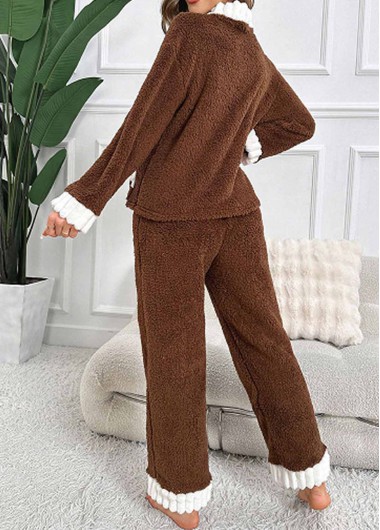 Dark Coffee loungewear,Contrast Color loungewear,Dark Coffee V Neck Lounge Top and Pants