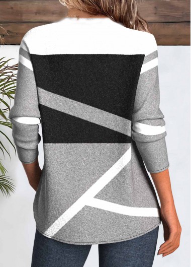 Grey tops,Geometric tops,ROTITA Patchwork Geometric Print Grey Round Neck T Shirt