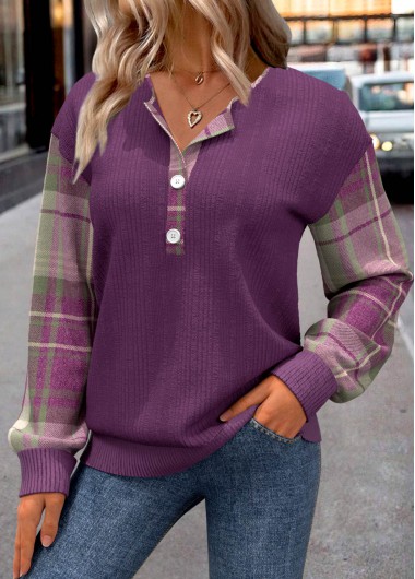Purple tops,Plaid tops,ROTITA Button Plaid Purple Split Neck Long Sleeve Sweatshirt