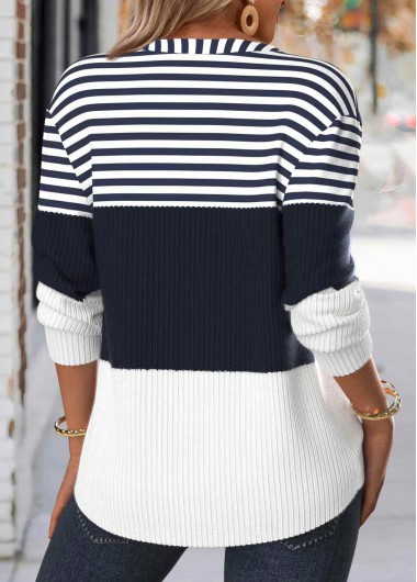 Navy plus size,Striped plus size,Geometric plus size,ROTITA Plus Size Button Navy Striped Split Neck Sweatshirt