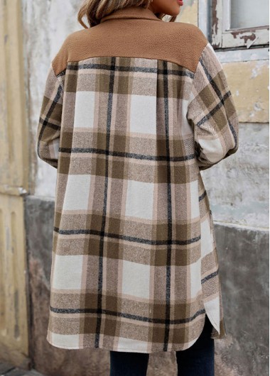 Light Coffee tops,Plaid tops,Geometric tops,Button Plaid Light Coffee Turn Down Collar Coat