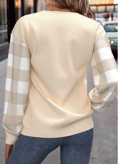 Beige plus size,Plaid plus size,ROTITA Plus Size Patchwork Beige Plaid Turn Down Collar Sweatshirt