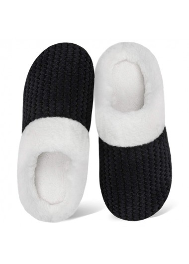 Black shoes,Contrast Color shoes,Black Falt Plush Closed Toe Slippers