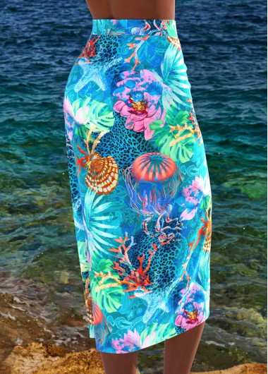 Cyan swimwear,Animal Print swimwear,ROTITA Bowknot Cyan Marine Life Print Cover Up