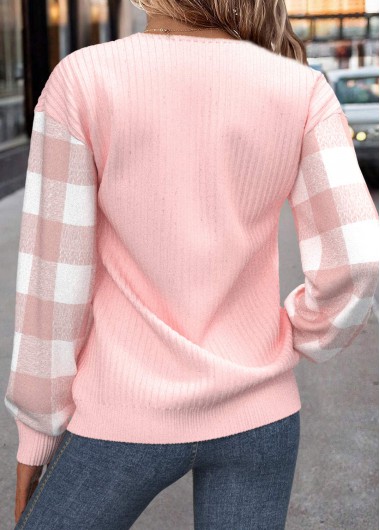 Light Pink tops,Plaid tops,ROTITA Patchwork Plaid Light Pink Turn Down Collar Sweatshirt