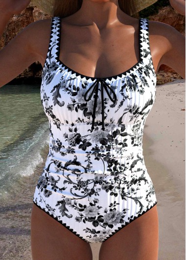 Rotita Drawstring Black Random Floral Print One Piece Swimwear - L