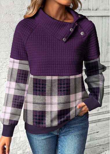 Purple tops,Plaid tops,ROTITA Patchwork Plaid Purple Asymmetrical Neck Long Sleeve Sweatshirt
