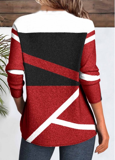 Red tops,Geometric tops,ROTITA Patchwork Geometric Print Red V Neck T Shirt