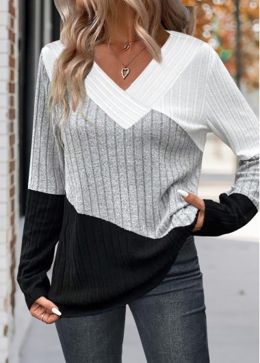 Multi Color tops,Contrast Color tops,ROTITA Patchwork Multi Color V Neck Long Sleeve T Shirt