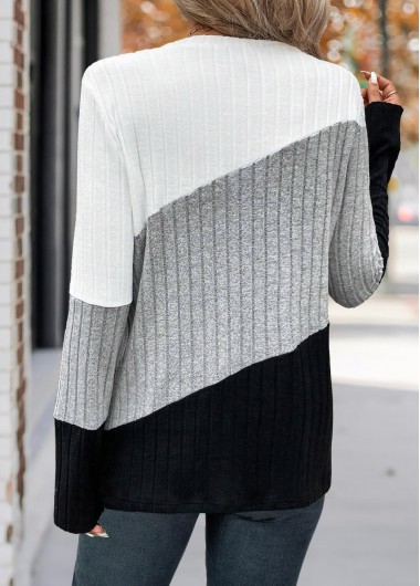 Multi Color tops,Contrast Color tops,ROTITA Patchwork Multi Color V Neck Long Sleeve T Shirt