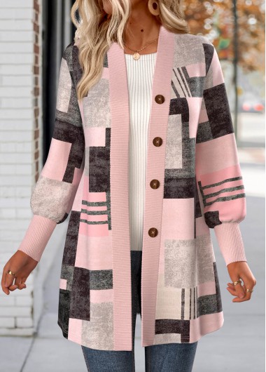 Light Pink tops,Geometric tops,ROTITA Button Geometric Print Light Pink Long Sleeve Coat