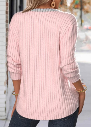 Light Pink tops,Contrast Color tops,ROTITA Button Light Pink Split Neck Long Sleeve Sweatshirt