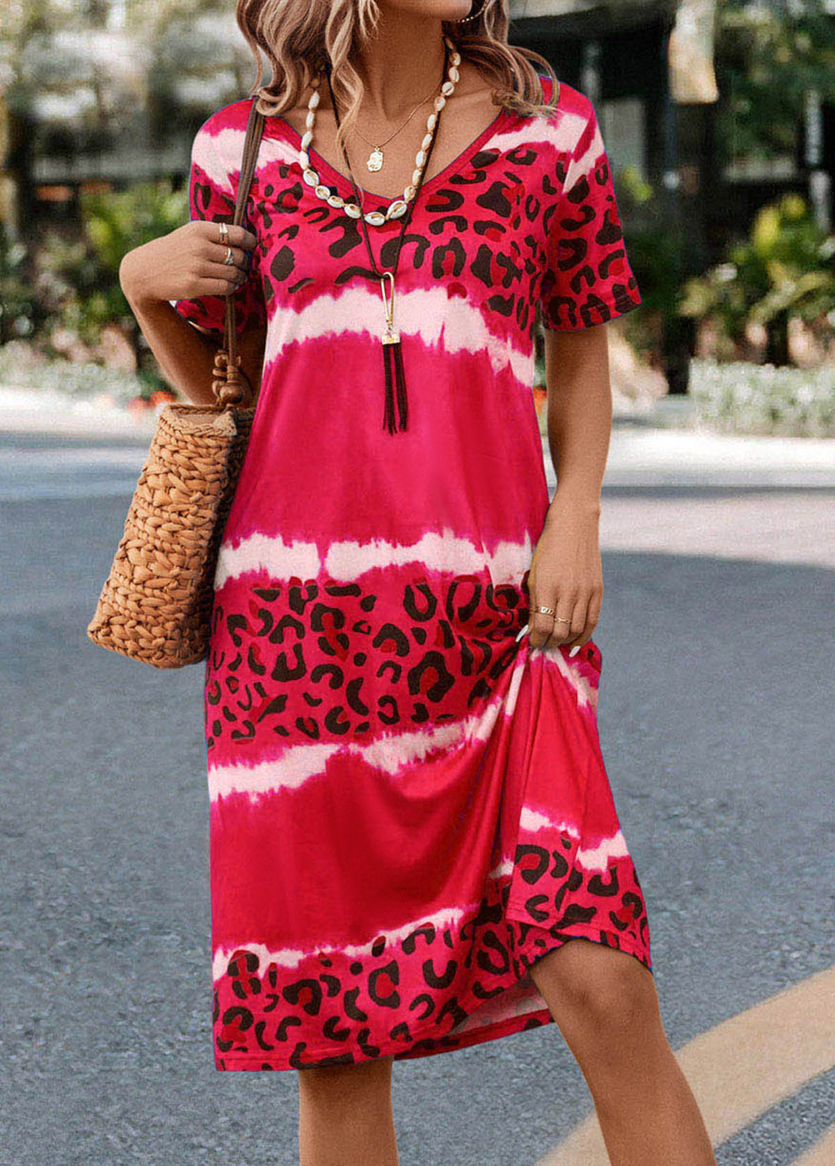 Hot Pink dresses,Leopard dresses,Animal Print dresses,Everyday dresses,Casual dresses,ROTITA Leopard Hot Pink V Neck Dress