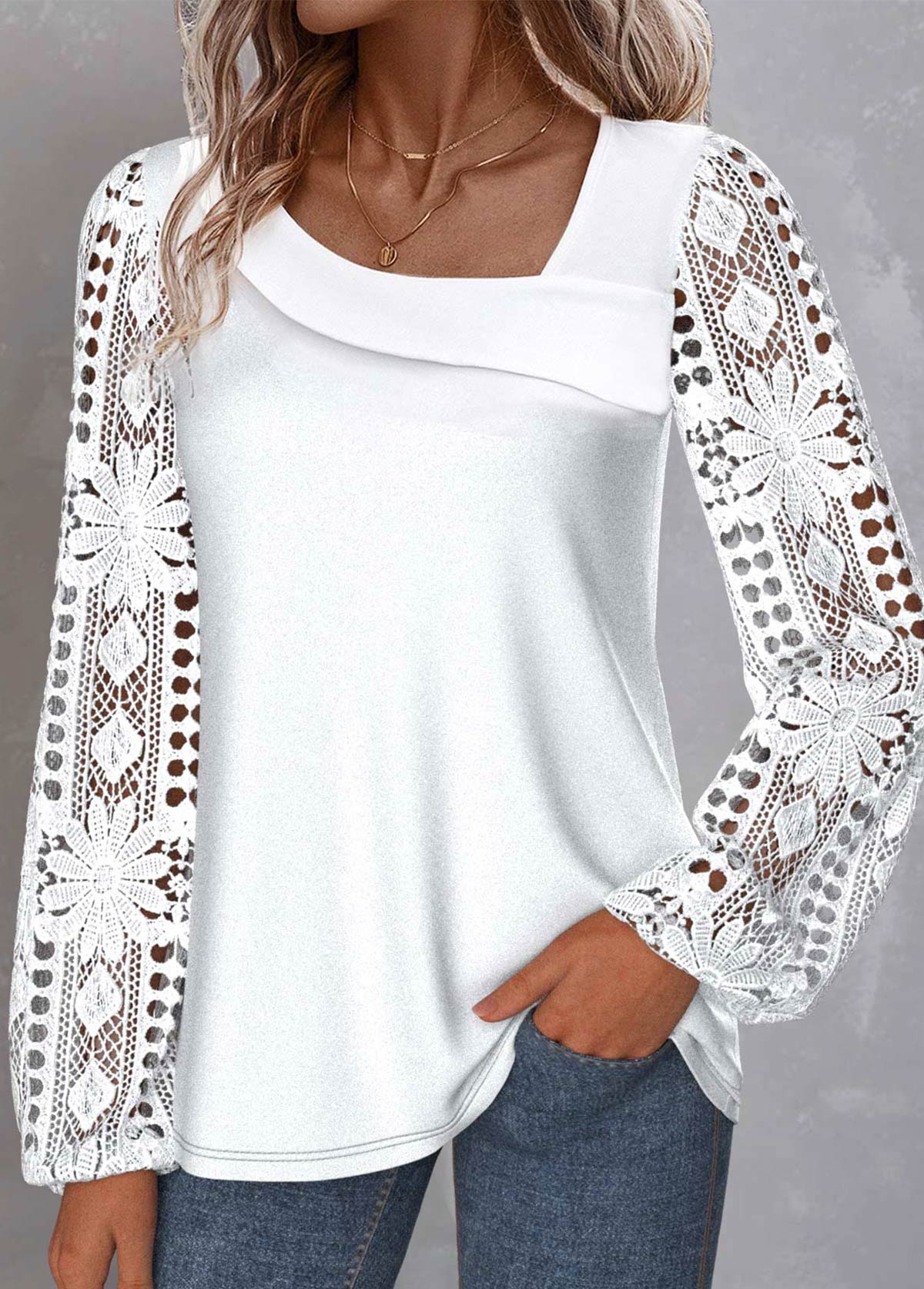 ROTITA Plus Size Patchwork White Asymmetrical Neck Long Sleeve Blouse