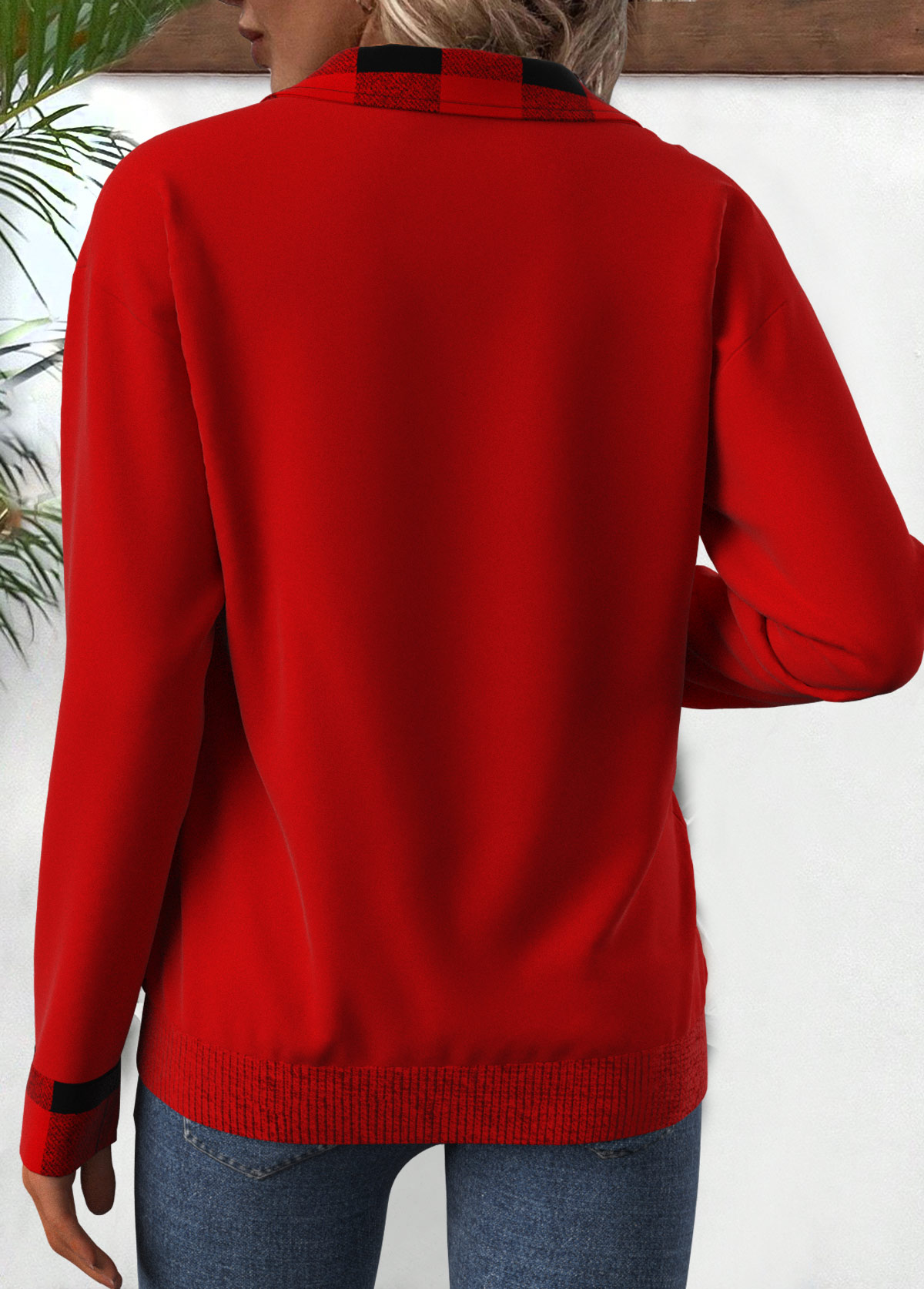 Rotita Patchwork-Sweatshirt mit Karomuster und Umlegekragen in Rot mit langen Ärmeln