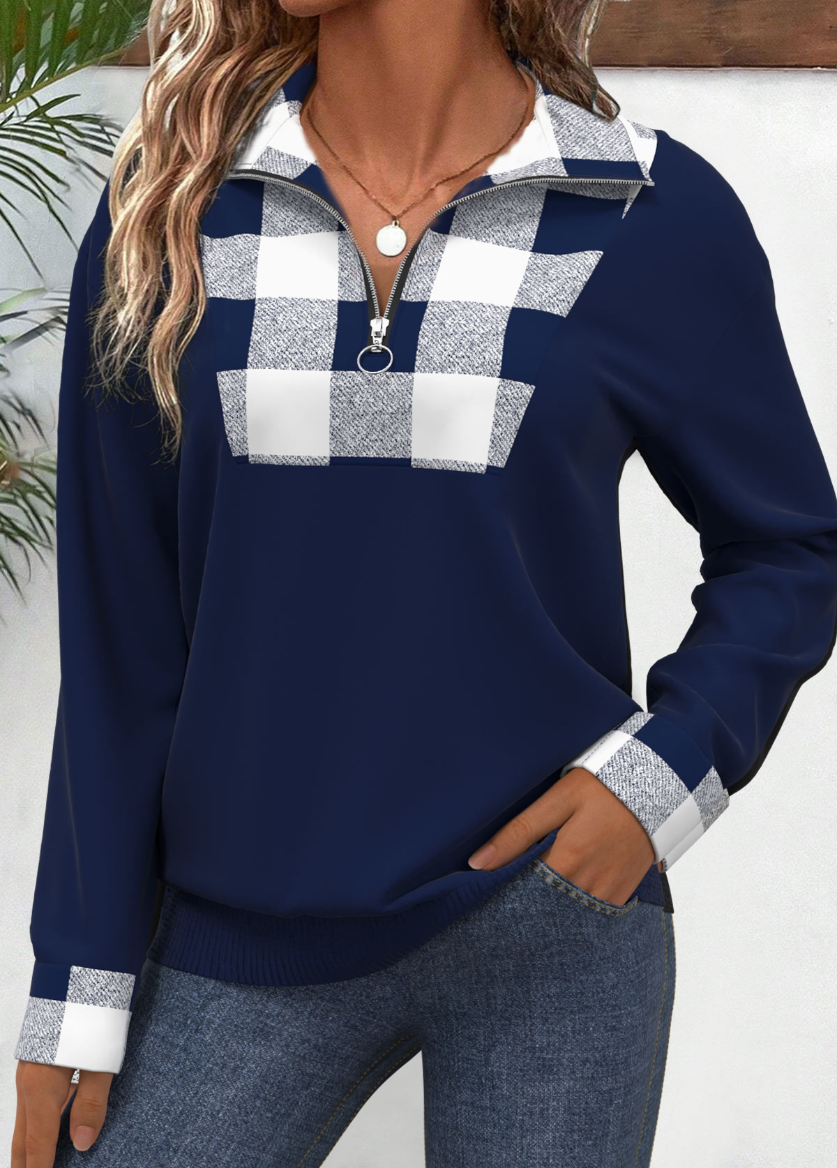 Rotita Patchwork-Sweatshirt in Marineblau mit Karomuster und Umlegekragen in Übergröße