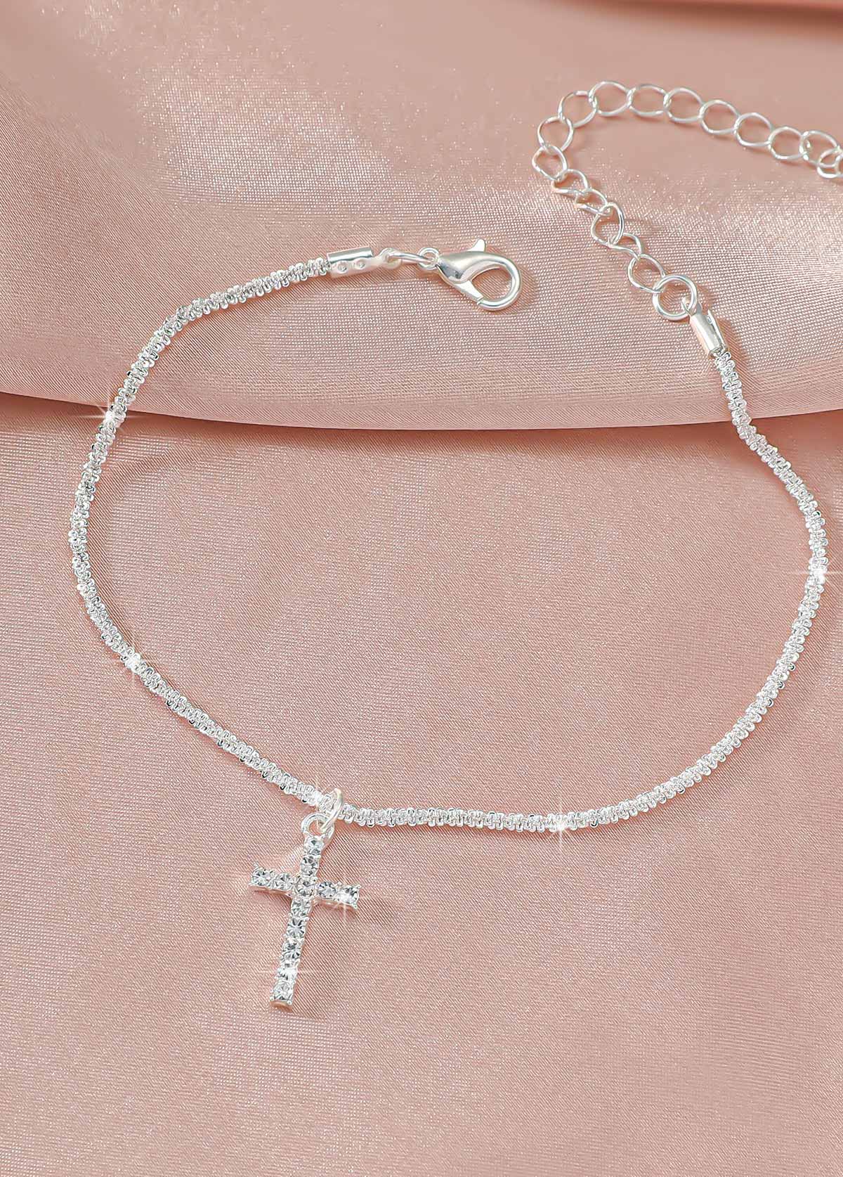 Silvery White jewelry,Cross Rhinestone Silvery White Alloy Anklet
