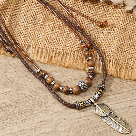 Dark Coffee jewelry,Tribal jewelry,Dark Coffee Alloy Feather Beaded Necklace