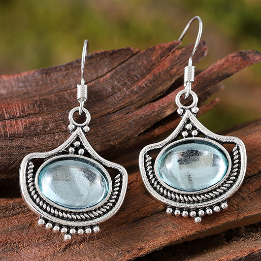 Silver jewelry,Silver Oval Blue Gemstone Alloy Detail Earrings