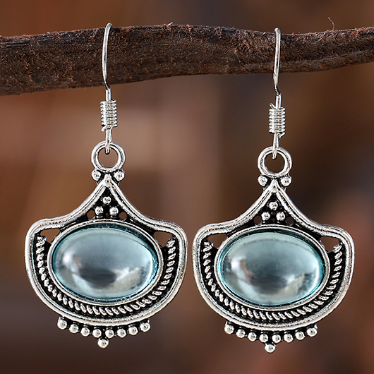 Silver jewelry,Silver Oval Blue Gemstone Alloy Detail Earrings