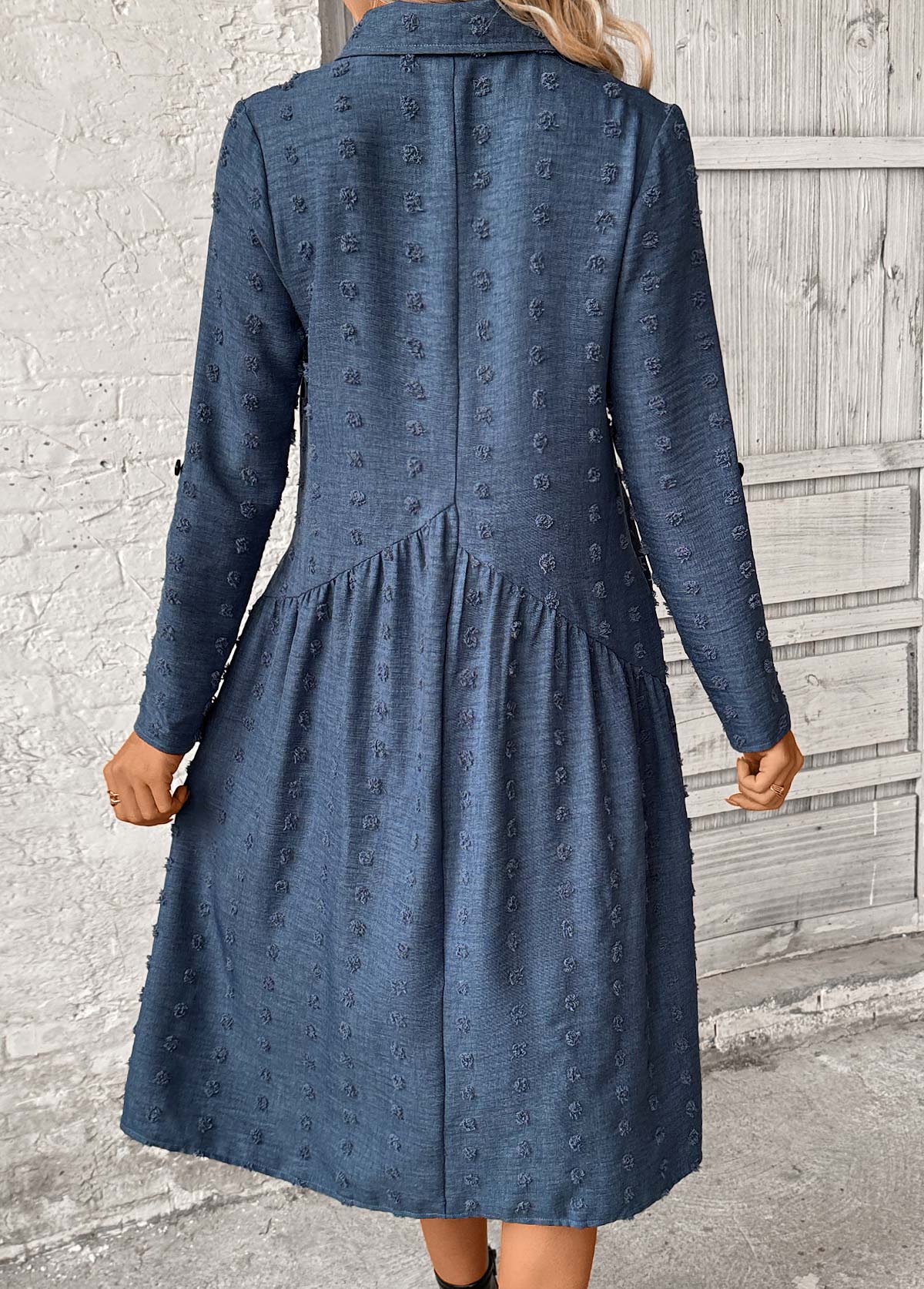 Denim Blue dresses,Plain Color dresses,Party dresses,Elegant dresses,ROTITA Patchwork Denim Blue A Line Shirt Collar Dress