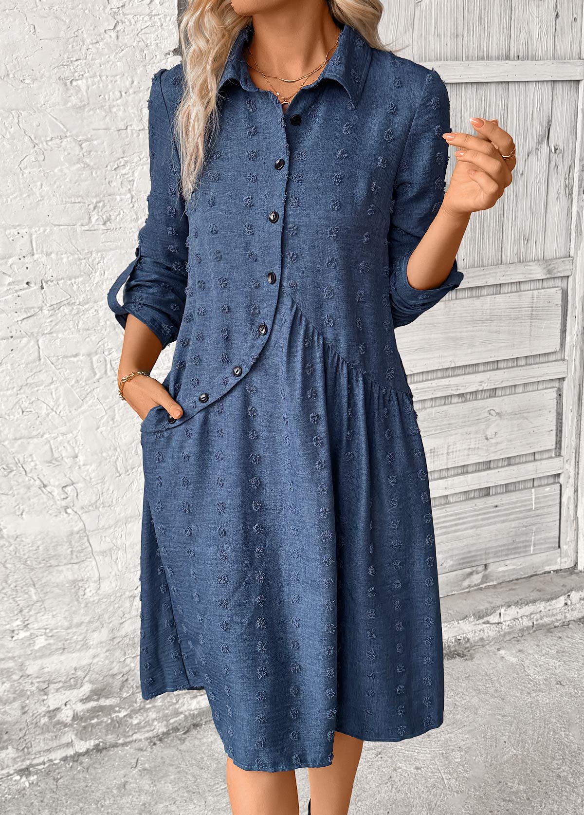 Denim Blue dresses,Plain Color dresses,Party dresses,Elegant dresses,ROTITA Patchwork Denim Blue A Line Shirt Collar Dress