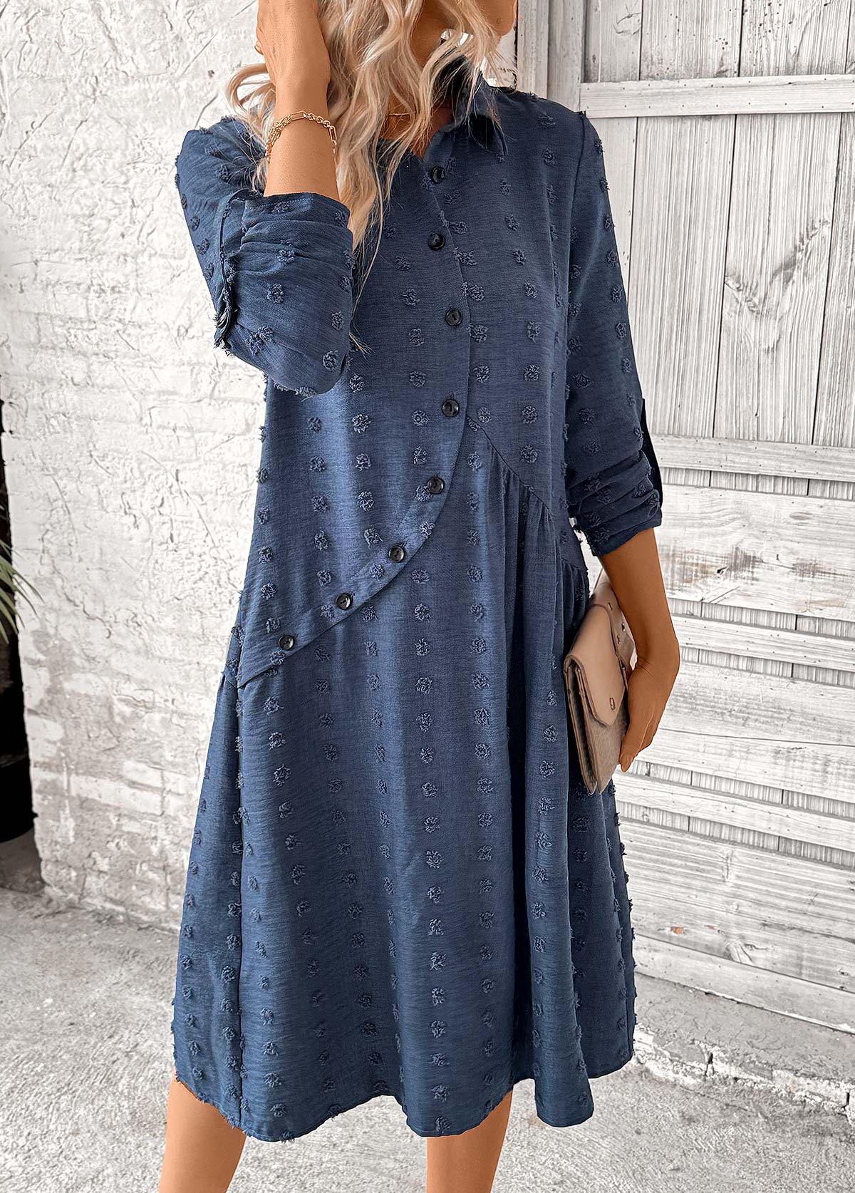 Denim Blue dresses,Plain Color dresses,Party dresses,Elegant dresses,ROTITA Patchwork Denim Blue A Line Shirt Collar Dress