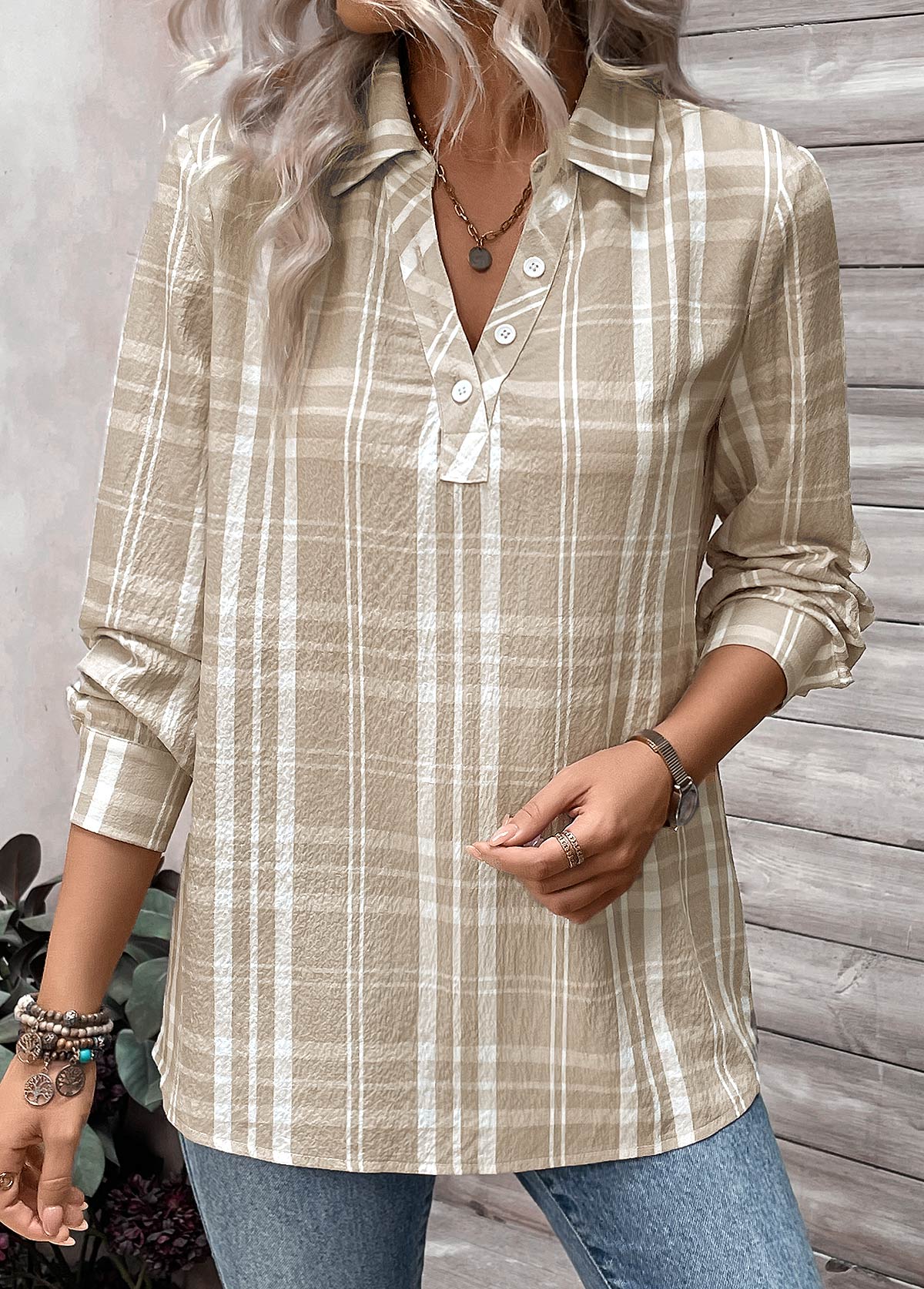 Light Coffee tops,Plaid tops,Striped tops,Geometric tops,ROTITA Button Plaid Light Coffee Shirt Collar Long Sleeve Blouse