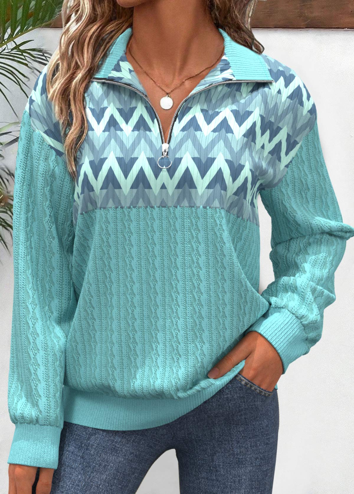 Mint Green plus size,Geometric plus size,ROTITA Plus Size Patchwork Mint Green Geometric Print Sweatshirt