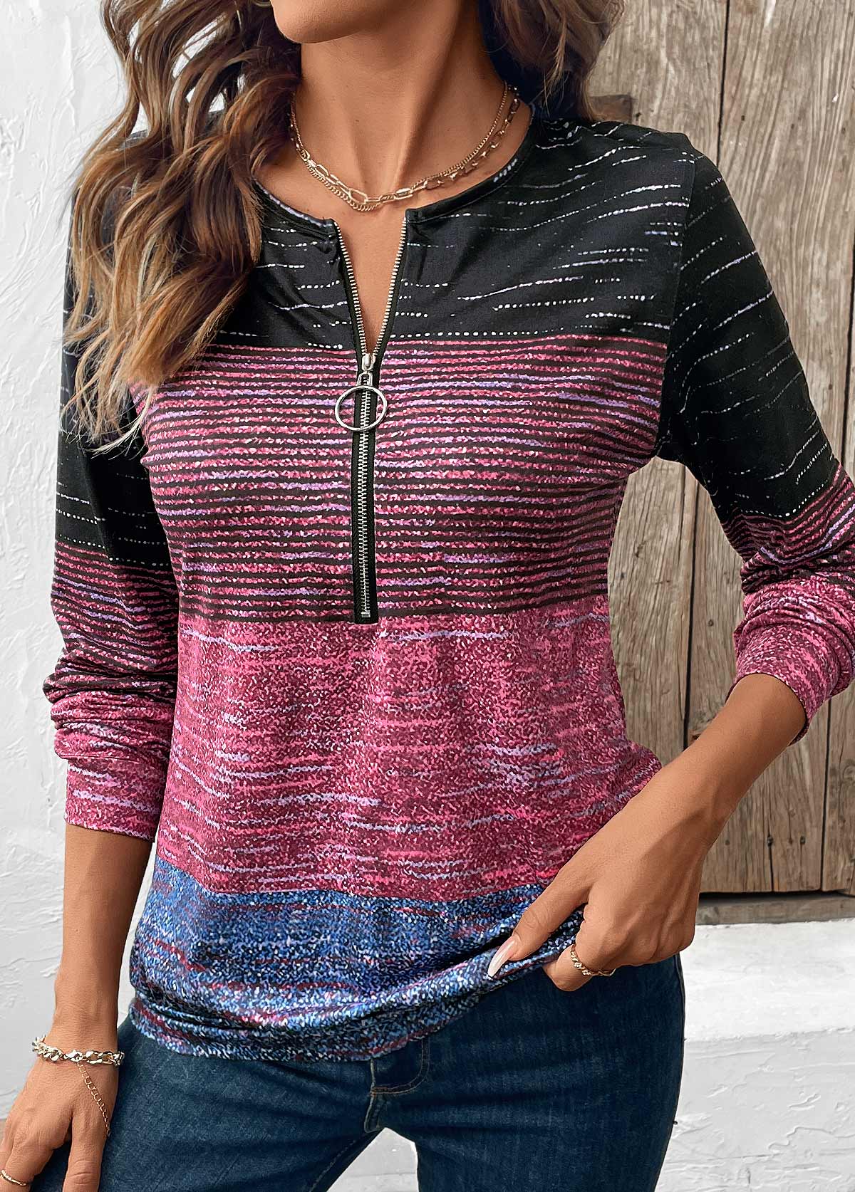 Multi Color tops,Striped tops,Geometric tops,ROTITA Zipper Multi Stripe Print Round Neck Long Sleeve Sweatshirt