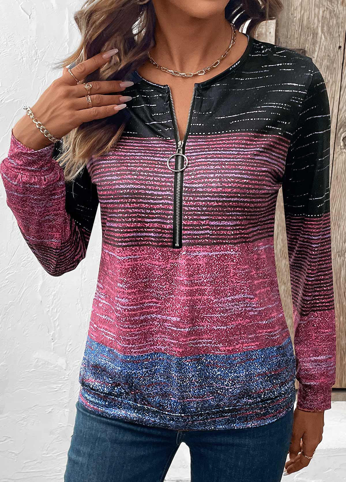 Multi Color tops,Striped tops,Geometric tops,ROTITA Zipper Multi Stripe Print Round Neck Long Sleeve Sweatshirt