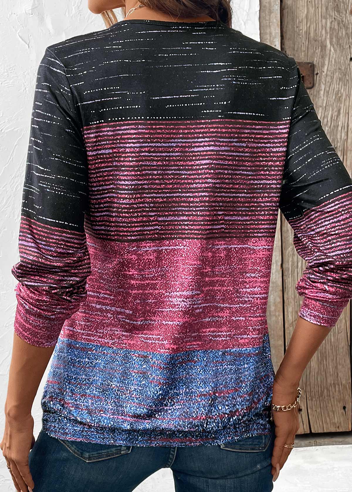 Multi Color tops,Striped tops,Geometric tops,ROTITA Zipper Multi Stripe Print Round Neck Long Sleeve Sweatshirt