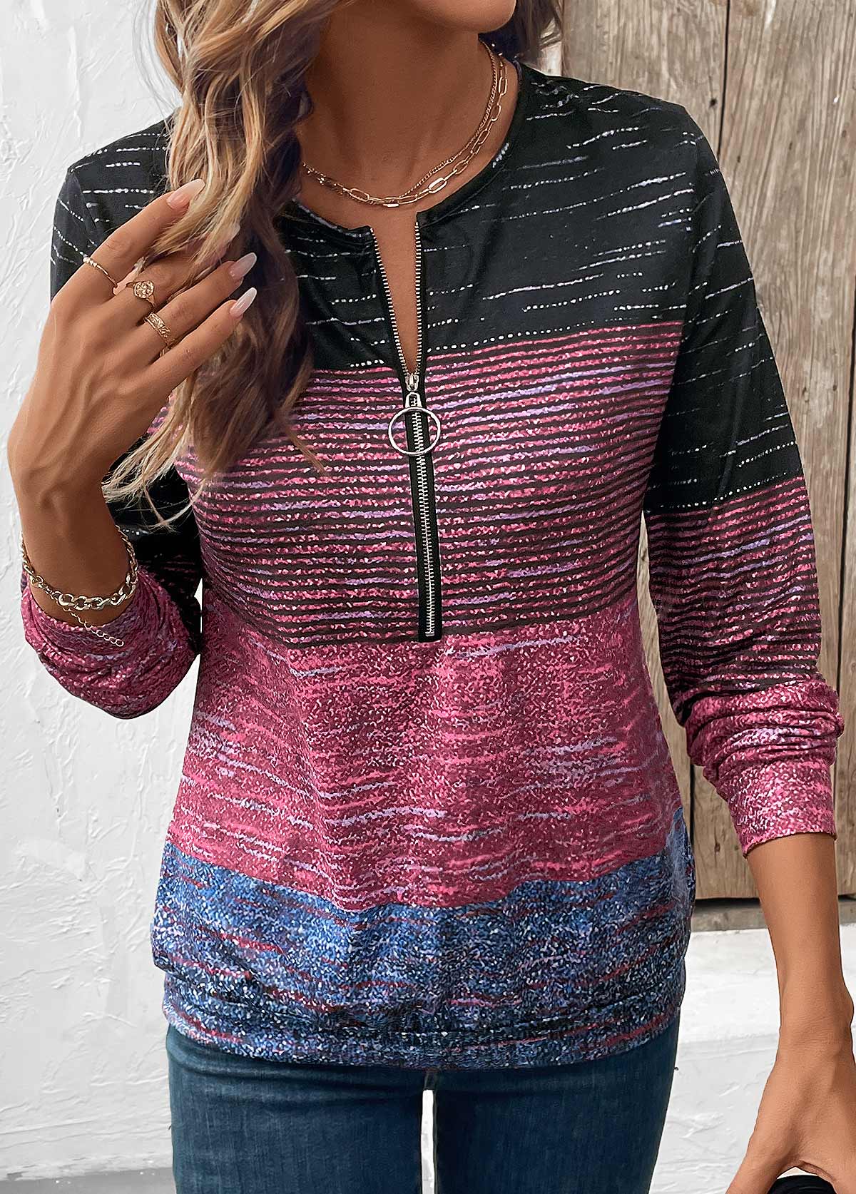 Multi Color tops,Striped tops,Geometric tops,ROTITA Zipper Multi Stripe Print Round Neck Long Sleeve Sweatshirt