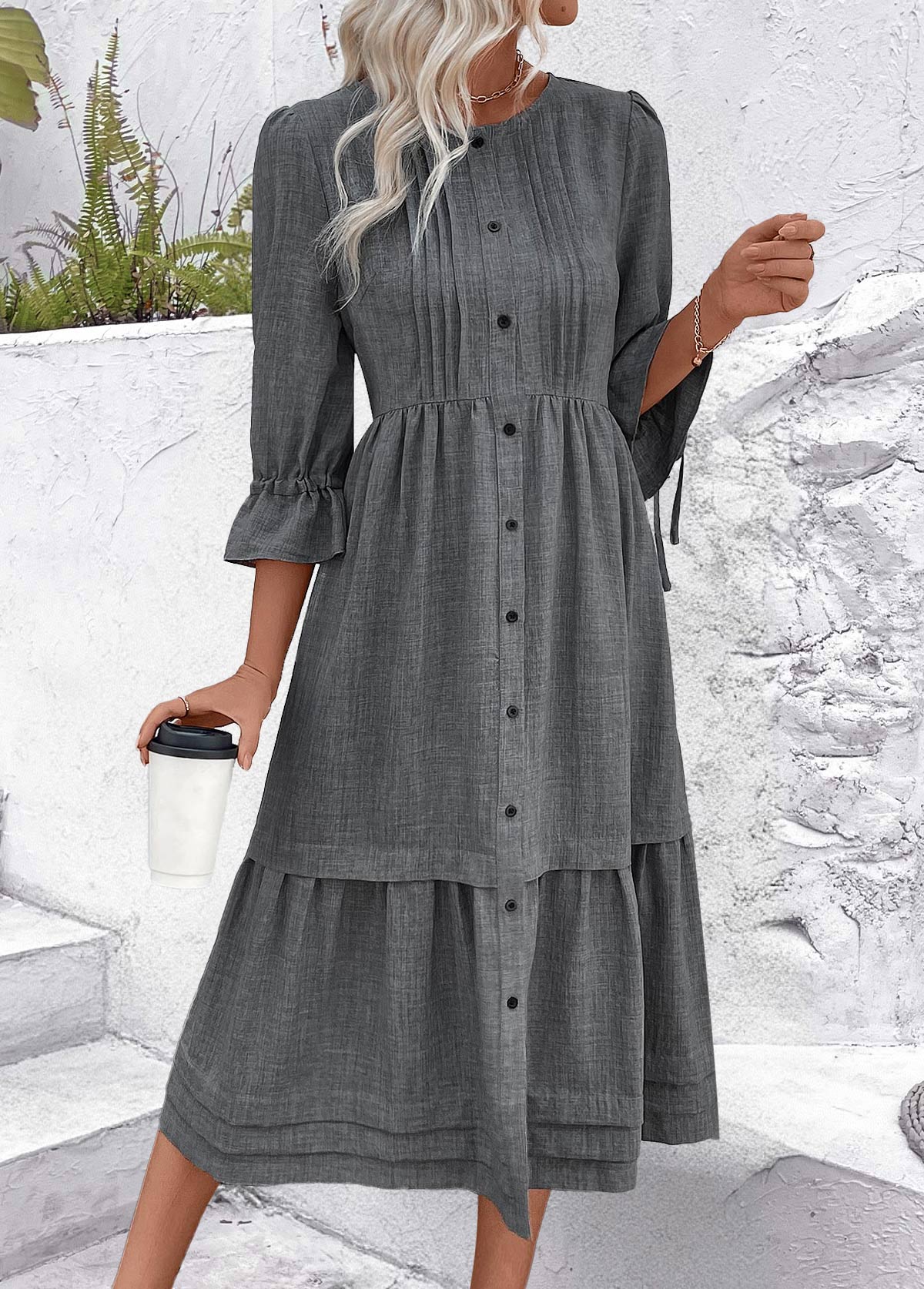 Dark Grey Marl dresses,Plain Color dresses,Everyday dresses,Casual dresses,ROTITA Button Dark Grey Marl A Line Round Neck Dress