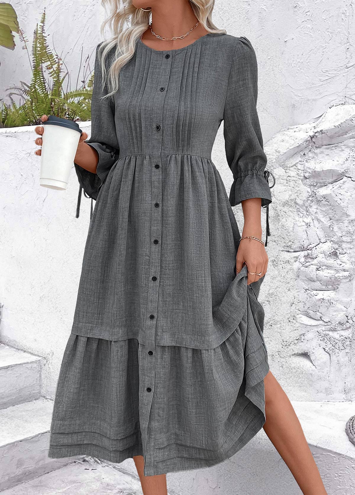 Dark Grey Marl dresses,Plain Color dresses,Everyday dresses,Casual dresses,ROTITA Button Dark Grey Marl A Line Round Neck Dress