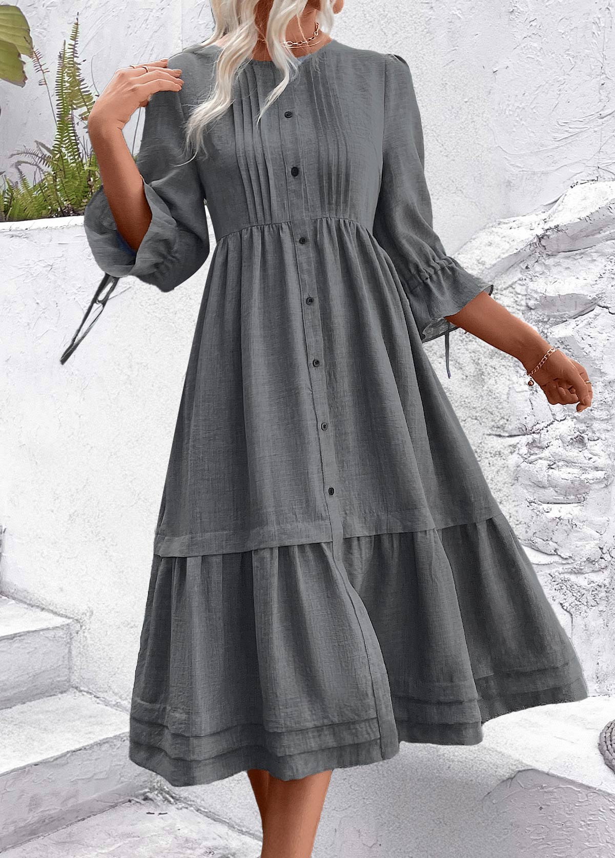 Dark Grey Marl dresses,Plain Color dresses,Everyday dresses,Casual dresses,ROTITA Button Dark Grey Marl A Line Round Neck Dress