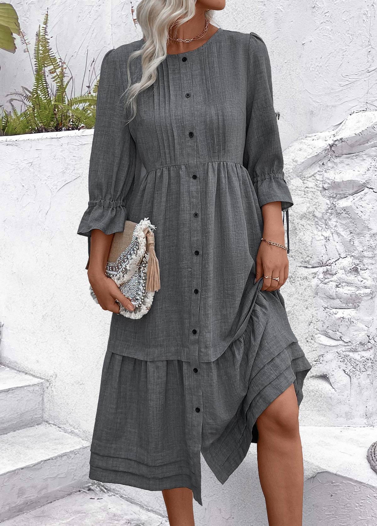 Dark Grey Marl dresses,Plain Color dresses,Everyday dresses,Casual dresses,ROTITA Button Dark Grey Marl A Line Round Neck Dress