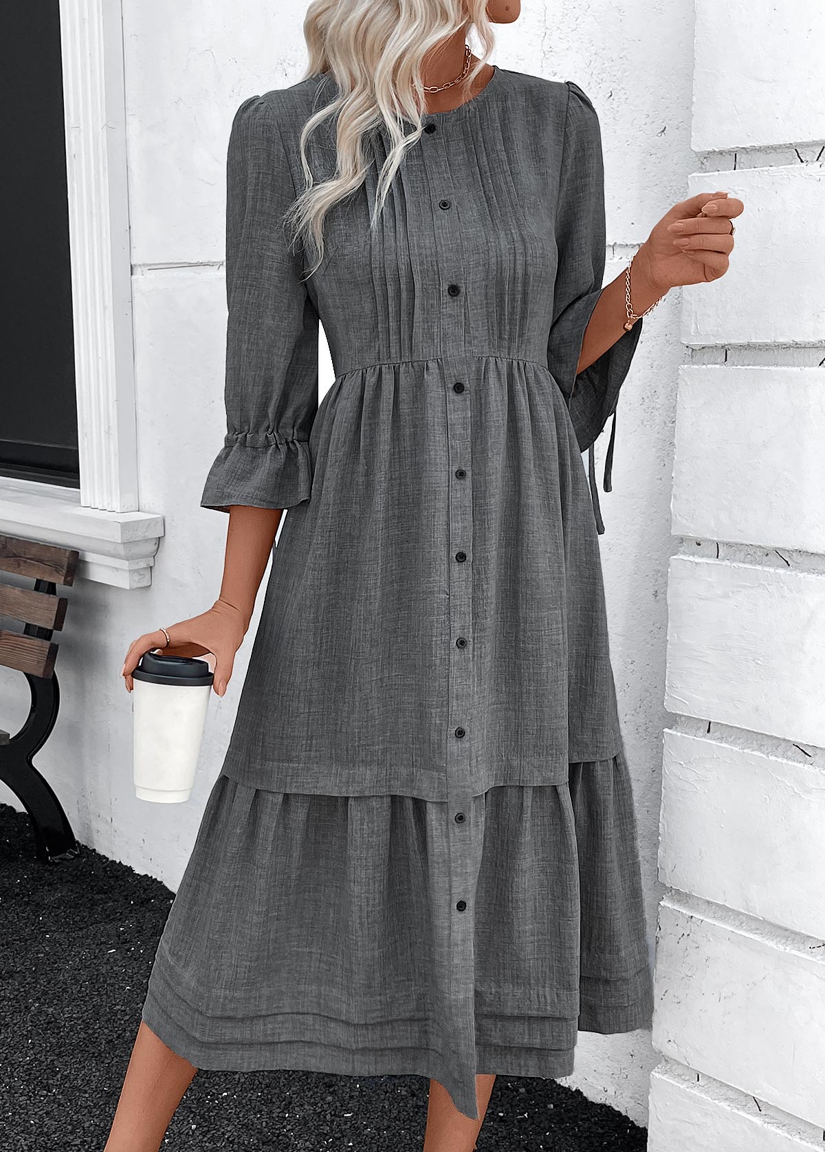 Dark Grey Marl dresses,Plain Color dresses,Everyday dresses,Casual dresses,ROTITA Button Dark Grey Marl A Line Round Neck Dress
